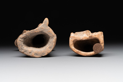 Two terracotta female figures and two fragments with figural design, Italy, 7/4th C. B.C.