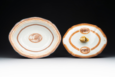 A pair of Chinese export 'EHA' monogrammed 'landscape' tureens, covers and stands, Jiaqing, ca. 1800