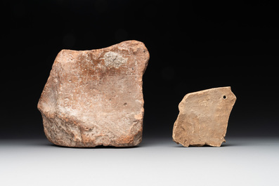 Two terracotta female figures and two fragments with figural design, Italy, 7/4th C. B.C.