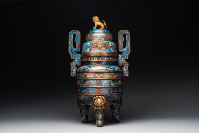 A pair of Chinese cloisonn&eacute; censers with covers and stands, 19/20th C.