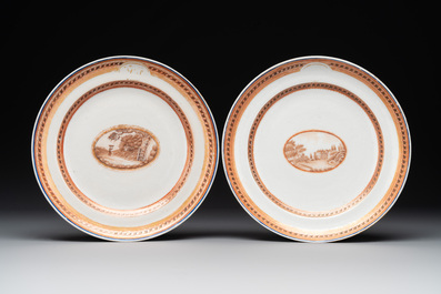 Eight Chinese export 'EHA' monogrammed 'landscape' plates, Jiaqing, ca. 1800