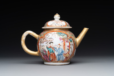 A Chinese Canton famille rose 'mandarin subject' covered teapot and a pair of saucers, Qianlong