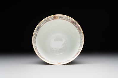 A Chinese famille rose 'erotic subject' cup and saucer, Yongzheng/Qianlong