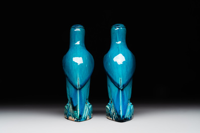A pair of Chinese turquoise-glazed parrots, 19th C.