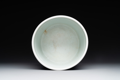 A large Chinese blue, white, celadon and copper-red brush pot on a later gilt bronze foot, 'bitong', Kangxi