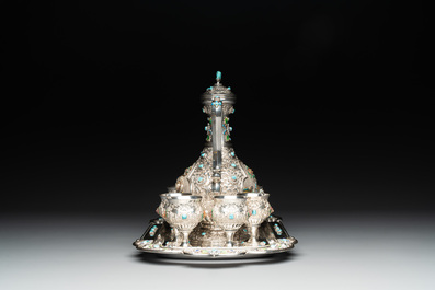 A rare Chinese silver, enamel and hardstone coffee set with matching tray, 20th C.