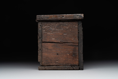 A Gothic wrought iron-mounted oak chest, probably France, 14/15th C.