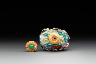 A Chinese famille rose moulded snuff bottle, Qianlong mark, late 18th/early 19th C.