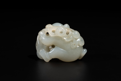A Chinese white jade sculpture of a boy and a double gourd, Qing
