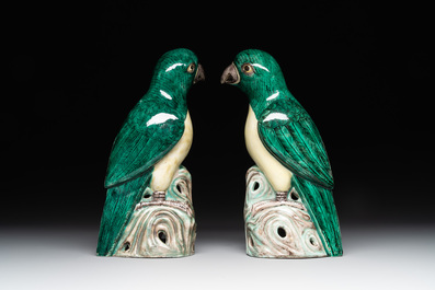 A pair of Chinese verte biscuit parrots, 19th C.