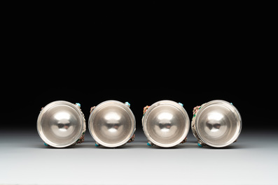 A rare Chinese silver, enamel and hardstone coffee set with matching tray, 20th C.