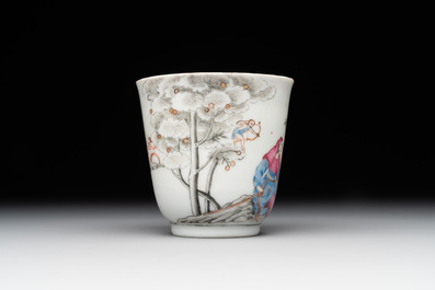 A Chinese famille rose 'erotic subject' cup and saucer, Yongzheng/Qianlong