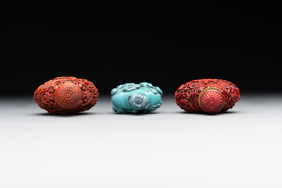 A Chinese carved turquoise snuff bottle and two red lacquer snuff bottles, Qianlong mark, 19/20th C.