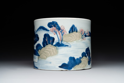 A large Chinese blue, white, celadon and copper-red brush pot on a later gilt bronze foot, 'bitong', Kangxi