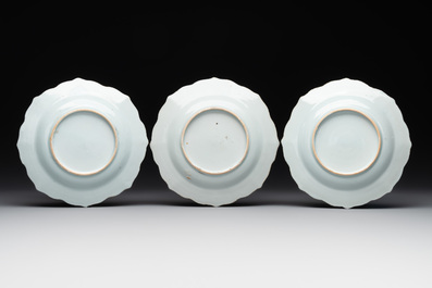 Three Chinese famille rose flower-shaped 'He Xiangu' plates, Yongzheng