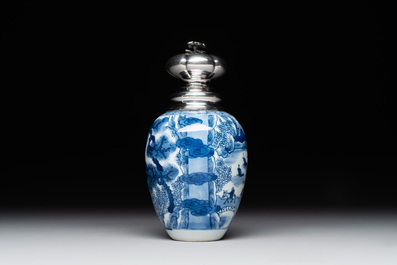 A Chinese blue and white silver mounted tea caddy with a river landscape, Kangxi