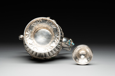 A rare Chinese silver, enamel and hardstone coffee set with matching tray, 20th C.