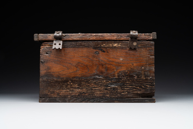 A Gothic wrought iron-mounted oak chest, probably France, 14/15th C.