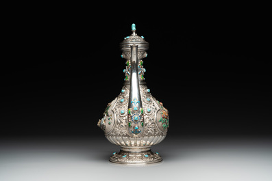 A rare Chinese silver, enamel and hardstone coffee set with matching tray, 20th C.
