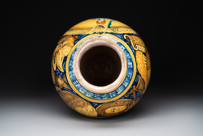 A large Italian maiolica drug jar with trophies, Casteldurante, 2nd half 16th C.