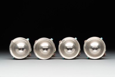 A rare Chinese silver, enamel and hardstone coffee set with matching tray, 20th C.