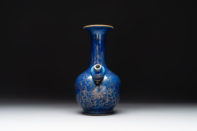 A Chinese gilt-decorated powder-blue kendi with floral design, Kangxi