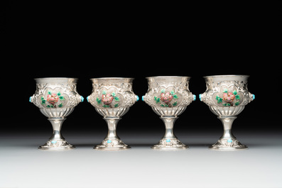 A rare Chinese silver, enamel and hardstone coffee set with matching tray, 20th C.
