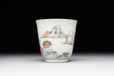 A Chinese famille rose 'erotic subject' cup and saucer, Yongzheng/Qianlong