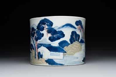 A large Chinese blue, white, celadon and copper-red brush pot on a later gilt bronze foot, 'bitong', Kangxi