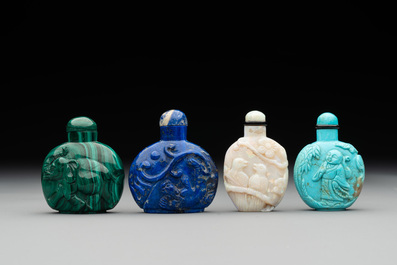 Six Chinese snuff bottles in various carved gemstones, 19/20th C.
