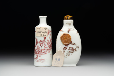 Two Chinese copper-red snuff bottles with landscape design, Chenghua mark, 19th C.