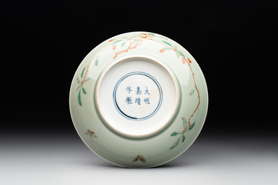 A Chinese famille verte celadon-glazed plate, Jiajing mark, Kangxi/Yongzheng
