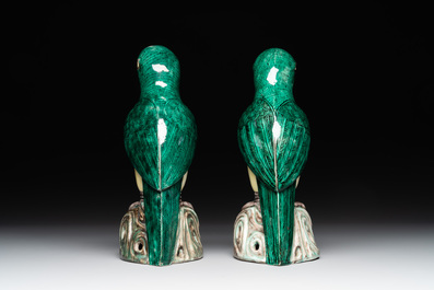 A pair of Chinese verte biscuit parrots, 19th C.