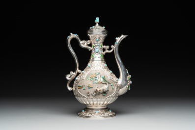 A rare Chinese silver, enamel and hardstone coffee set with matching tray, 20th C.