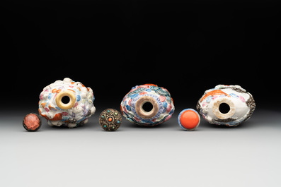 Six Chinese moulded famille rose snuff bottles, Qianlong mark, 19th C.