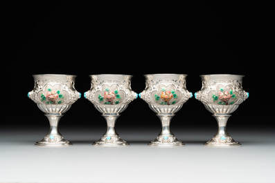 A rare Chinese silver, enamel and hardstone coffee set with matching tray, 20th C.