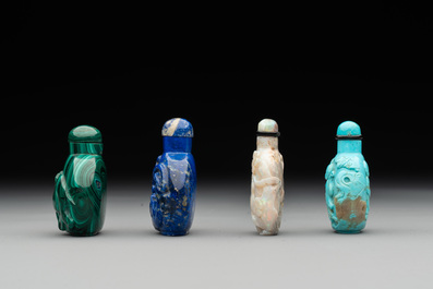 Six Chinese snuff bottles in various carved gemstones, 19/20th C.