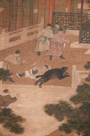 Chinese school: 'A bear breaks into the palace', ink and colour on silk, Qing