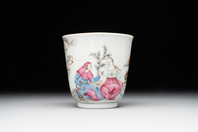 A Chinese famille rose 'erotic subject' cup and saucer, Yongzheng/Qianlong