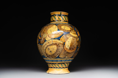 A large Italian maiolica drug jar with trophies, Casteldurante, 2nd half 16th C.