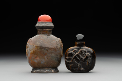 Six Chinese snuff bottles in various carved gemstones, 19/20th C.