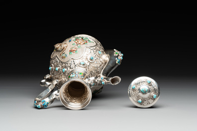 A rare Chinese silver, enamel and hardstone coffee set with matching tray, 20th C.