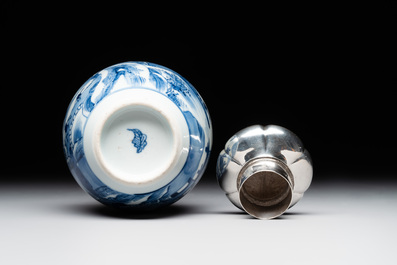 A Chinese blue and white silver mounted tea caddy with a river landscape, Kangxi