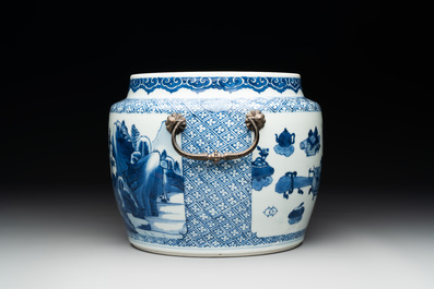 A fine Chinese blue and white 'landscape and antiquities' bowl with silver handles, Kangxi