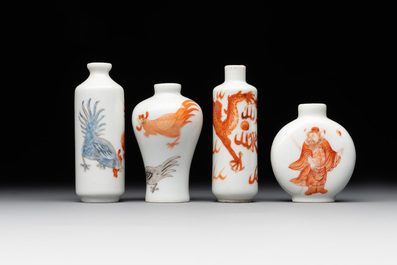 Three Chinese iron-red snuff bottles and one polychrome snuff bottle, Qianlong and Jie Mei Ya Zhi 介眉雅製 mark, 19th C.