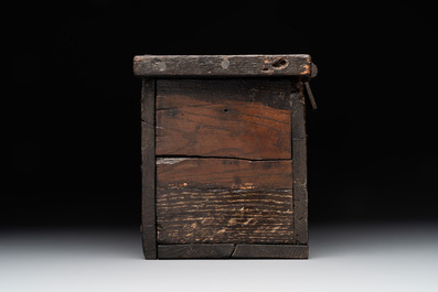 A Gothic wrought iron-mounted oak chest, probably France, 14/15th C.