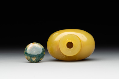 A Chinese yellow jade snuff bottle with moss agate cover and bone stopper, 19th C.