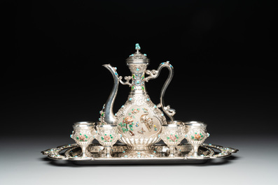 A rare Chinese silver, enamel and hardstone coffee set with matching tray, 20th C.