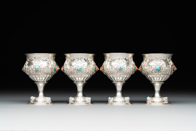 A rare Chinese silver, enamel and hardstone coffee set with matching tray, 20th C.