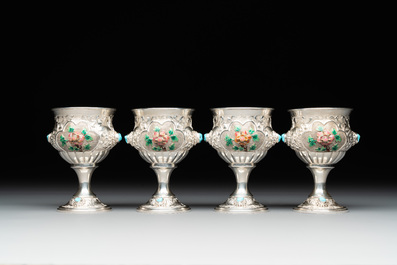 A rare Chinese silver, enamel and hardstone coffee set with matching tray, 20th C.